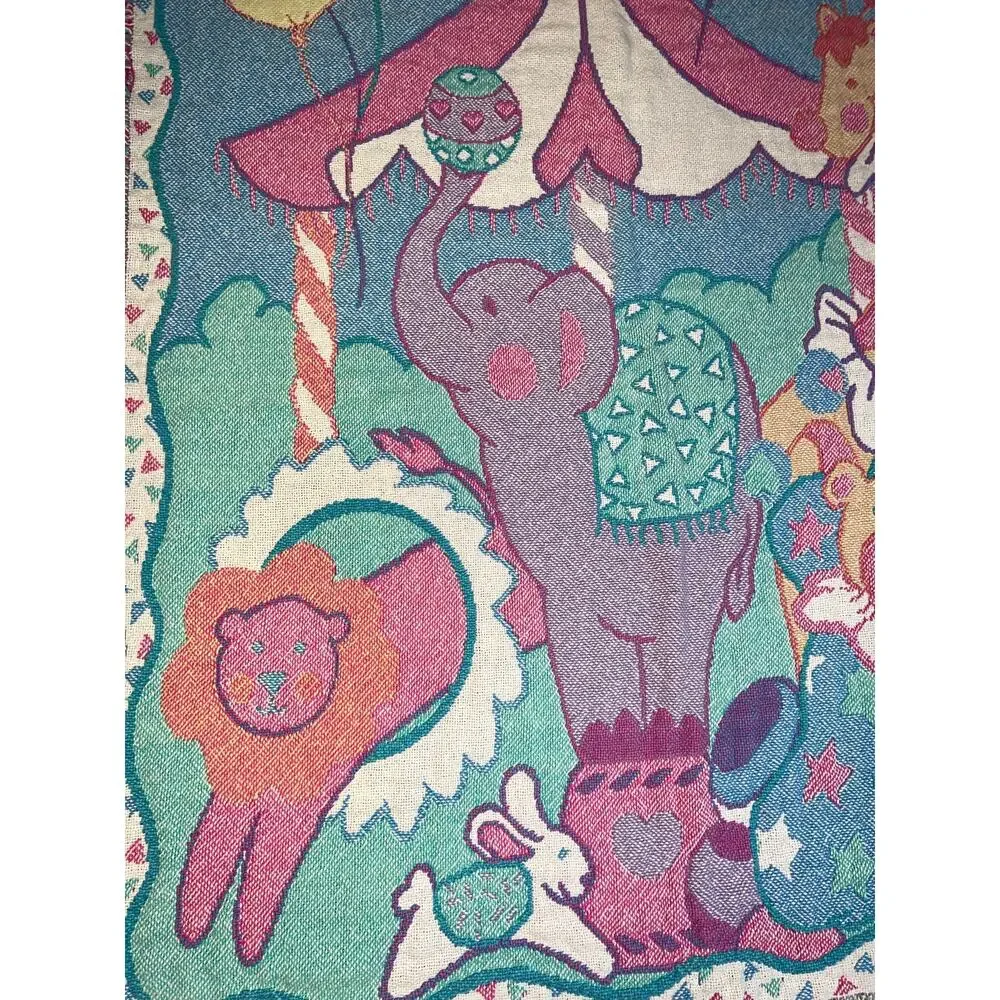 vintage pastel tapestry blanket circus animals elephant, circus tent balloons